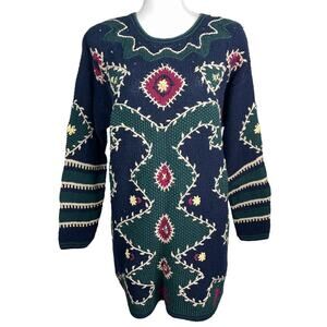 Vintage 1980 Paul Harris Design Hand Knit Tunic Sweater Embroidered Navy Green M